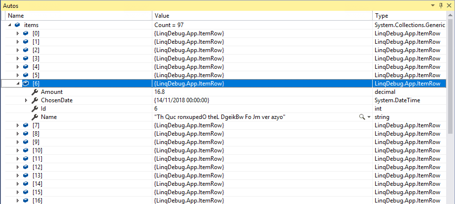 Linq debug Autos window