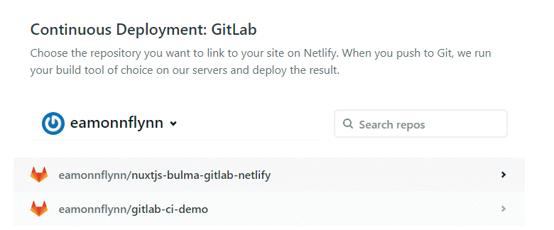 Netlify Create Site - Select Repo option