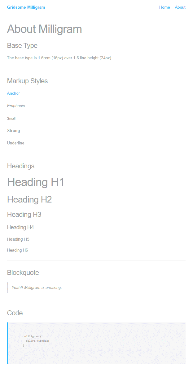 Gridsome about page with Milligram sass