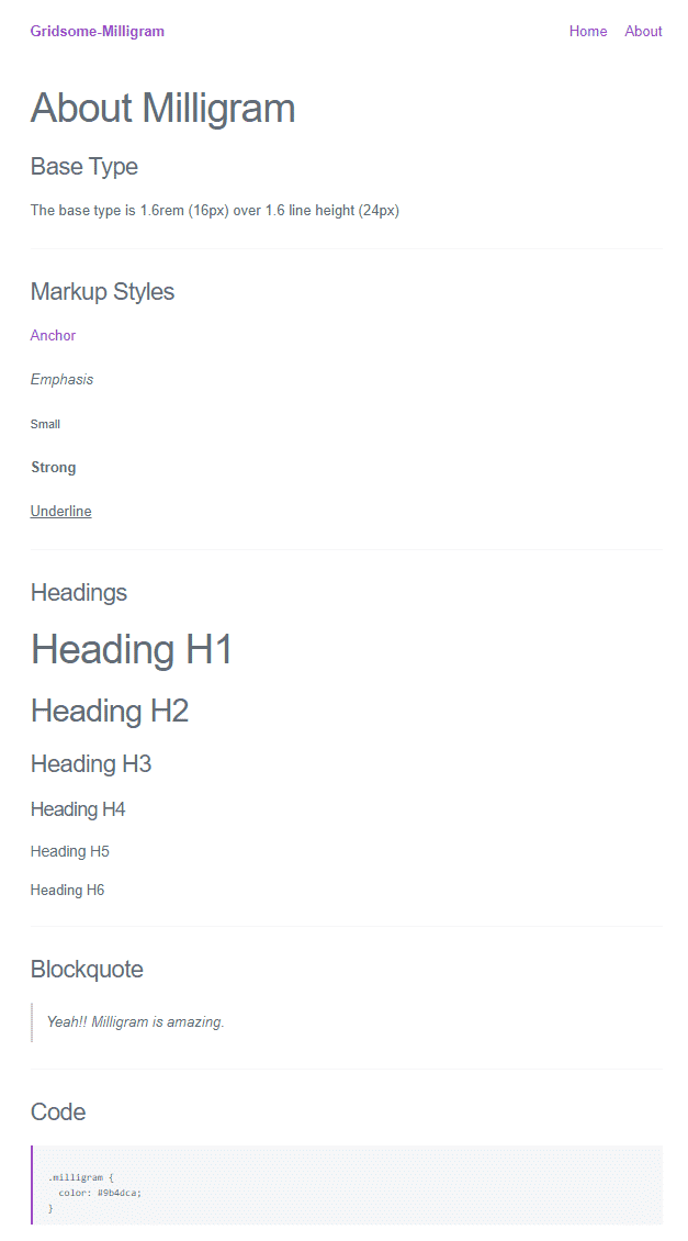Gridsome about page with Milligram