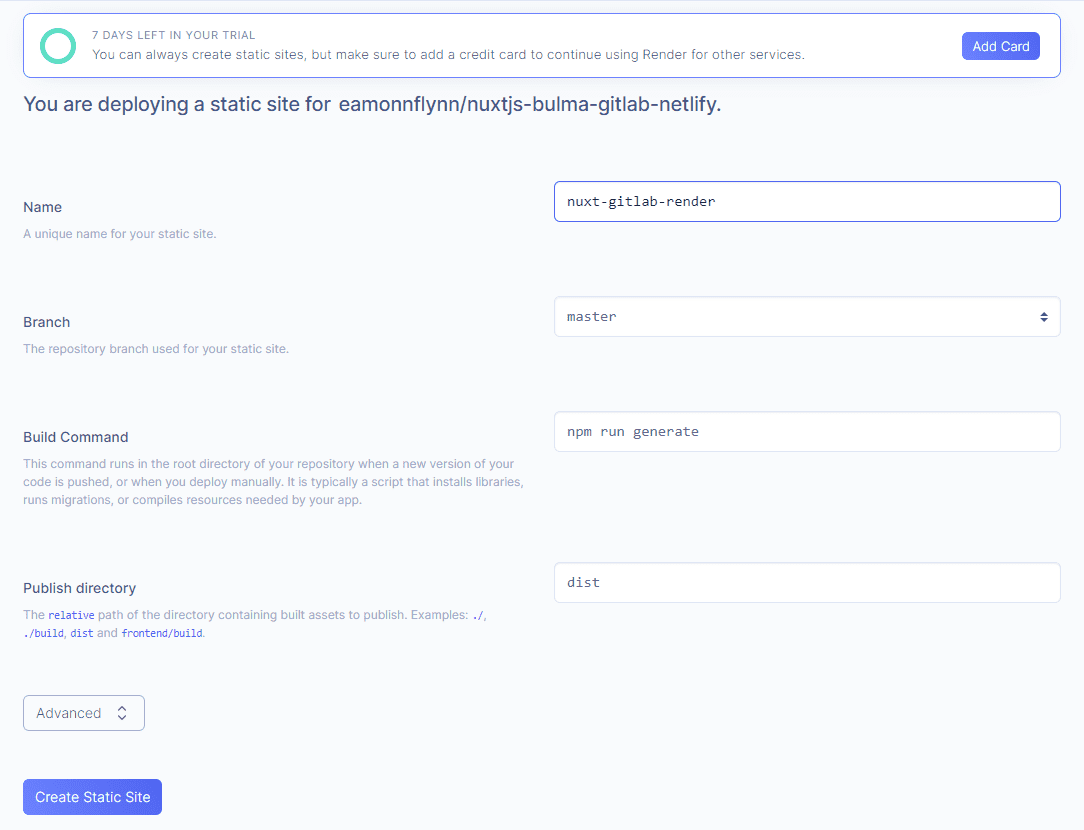 Static Site Build information form