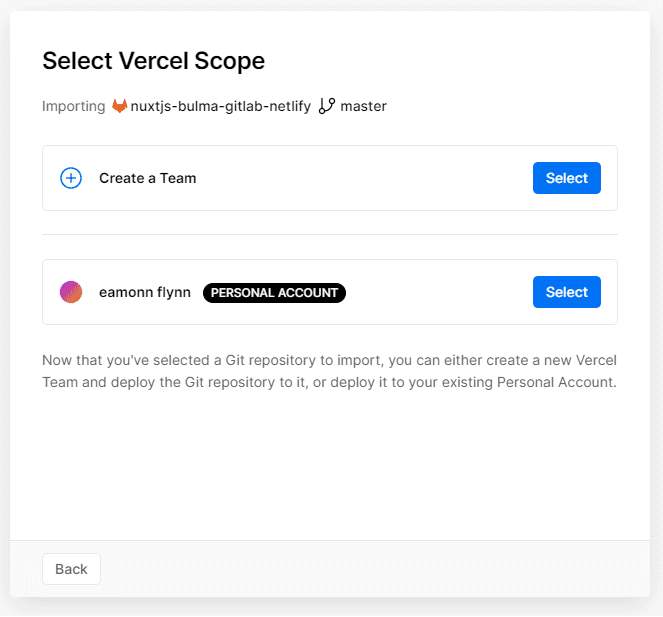 Vercel Choose Team / Personal 